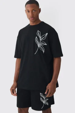 Oversized Floral Embroidered Slub T-shirt And Short Set | BoohooMAN UK