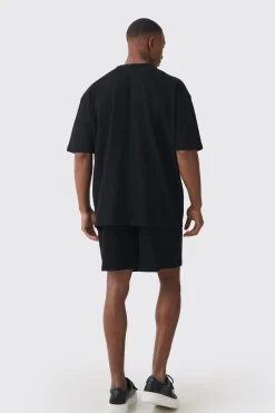 Oversized Floral Embroidered Slub T-shirt And Short Set | BoohooMAN UK