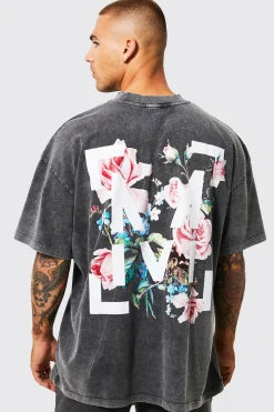 Oversized Floral Graphic Acid Wash T-shirt | BoohooMAN UK