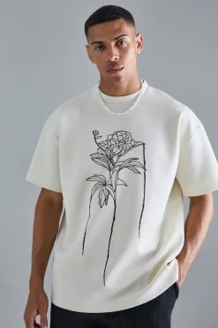 Oversized Floral Line Drawing Scuba T-shirt | BoohooMAN UK