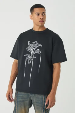 Oversized Floral Line Drawing Scuba T-shirt | BoohooMAN UK