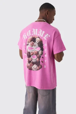 Oversized Floral Mask Graphic Wash T-shirt | BoohooMAN UK