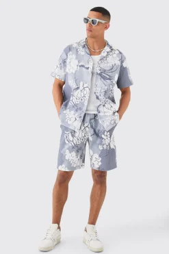 Oversized Floral Printed Pleated Shirt & Short Set | BoohooMAN UK
