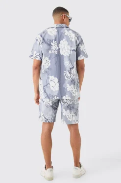 Oversized Floral Printed Pleated Shirt & Short Set | BoohooMAN UK