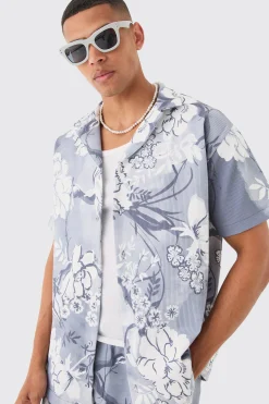 Oversized Floral Printed Pleated Shirt & Short Set | BoohooMAN UK