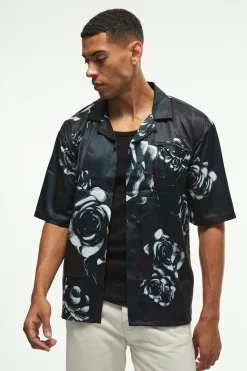 Oversized Floral Printed Satin Short Sleeve Shirt | BoohooMAN UK