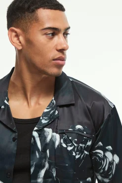 Oversized Floral Printed Satin Short Sleeve Shirt | BoohooMAN UK