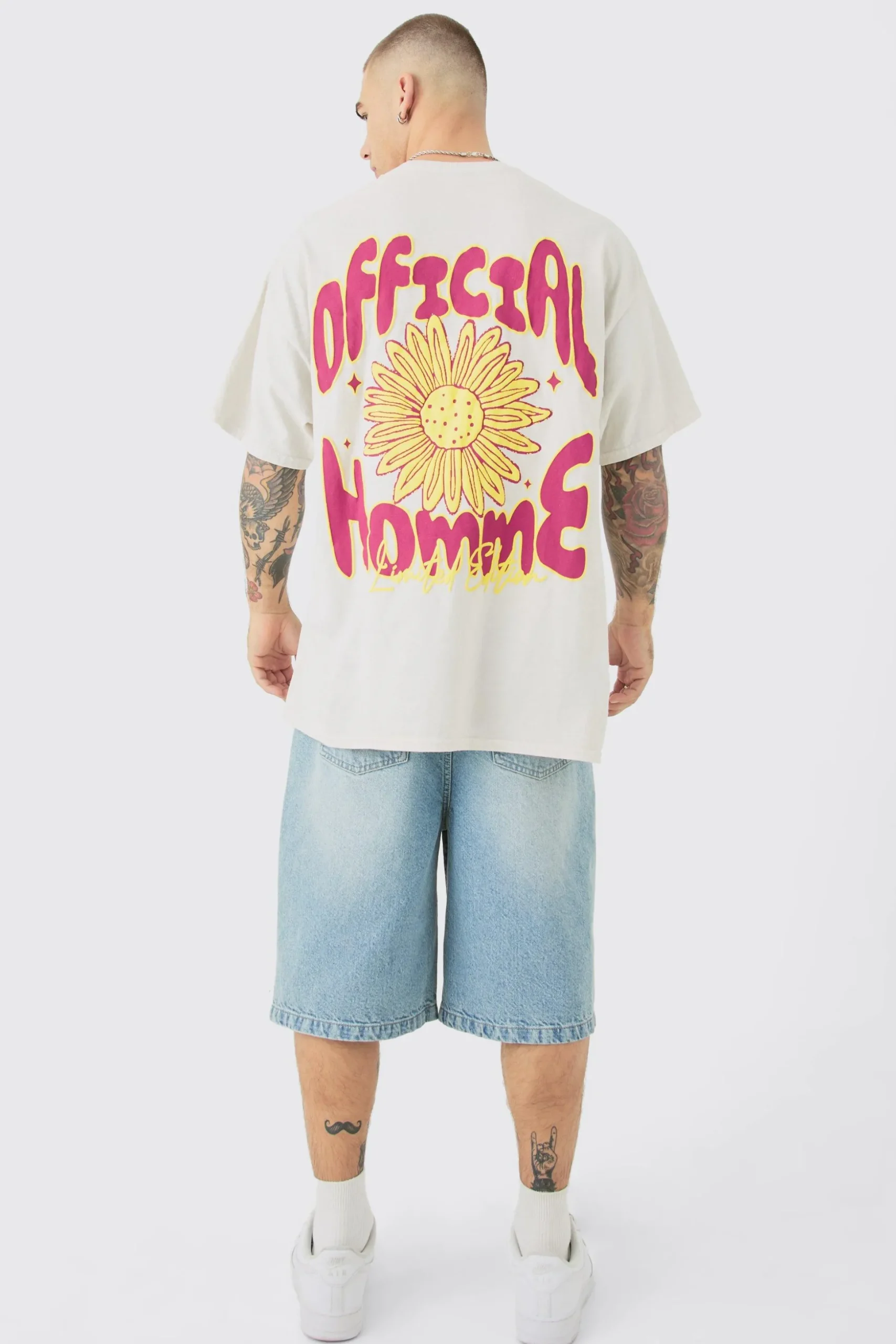 Oversized Floral Puff Back Print Wash T-shirt | BoohooMAN UK