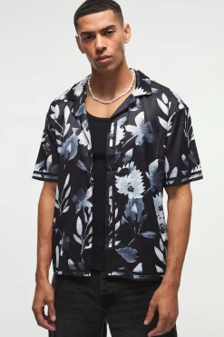 Oversized Flower Printed Satin Short Sleeve Shirt | BoohooMAN UK