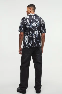 Oversized Flower Printed Satin Short Sleeve Shirt | BoohooMAN UK