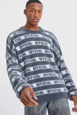 Oversized Fluffy Knitted Official Stripe Jumper | BoohooMAN UK