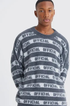 Oversized Fluffy Knitted Official Stripe Jumper | BoohooMAN UK