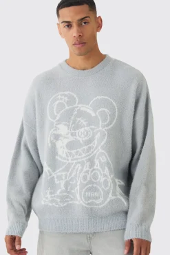 Oversized Fluffy Teddy Jumper In Grey | BoohooMAN UK