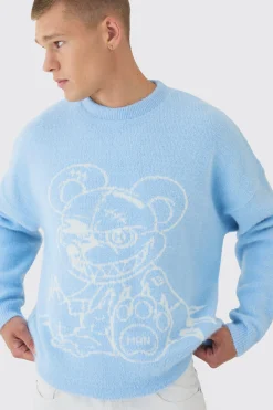 Oversized Fluffy Teddy Jumper In Blue | BoohooMAN UK