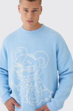 Oversized Fluffy Teddy Jumper In Blue | BoohooMAN UK
