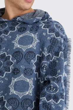 Oversized Fringed Heavyweight Jacquard Tapestry Hoodie | BoohooMAN UK