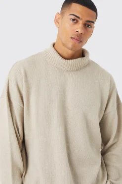 Oversized Funnel Neck Brushed Knit Jumper | BoohooMAN UK