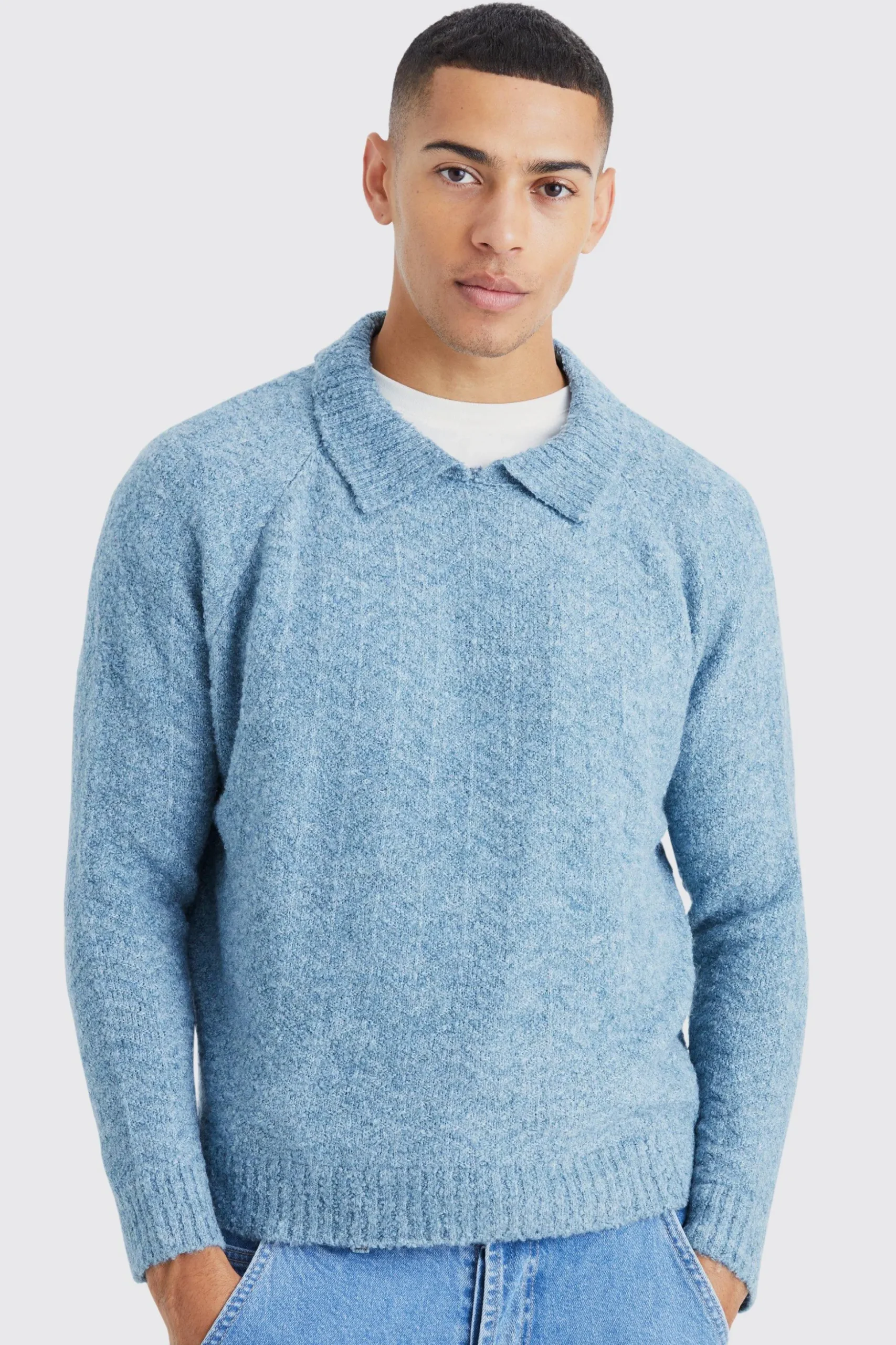 Oversized Funnel Neck Herringbone Knit Jumper | BoohooMAN UK