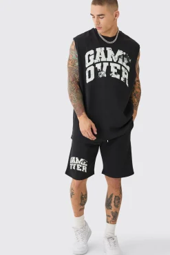 Oversized Game Over Rib Printed Tank & Shorts Set | BoohooMAN UK