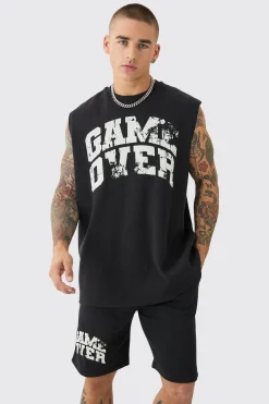 Oversized Game Over Rib Printed Tank & Shorts Set | BoohooMAN UK