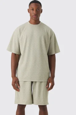 Oversized Geo Jacquard T-shirt & Short Set | BoohooMAN UK