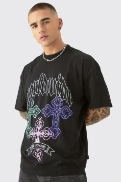 Oversized Gothic Cross Print T-shirt | BoohooMAN UK