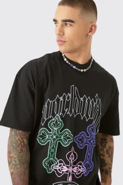 Oversized Gothic Cross Print T-shirt | BoohooMAN UK