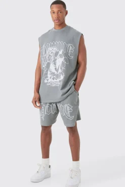 Oversized Gothic Waffle Large Printed Tank & Shorts Set | BoohooMAN UK