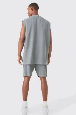Oversized Gothic Waffle Large Printed Tank & Shorts Set | BoohooMAN UK