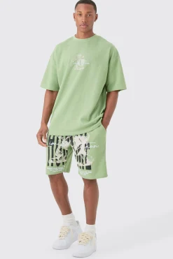 Oversized Gothic Waffle Large Printed T-shirt & Shorts Set | BoohooMAN UK