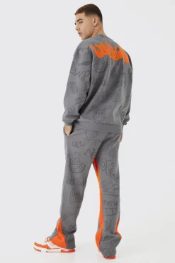 Oversized Graffiti Applique Gusset Tracksuit | BoohooMAN UK
