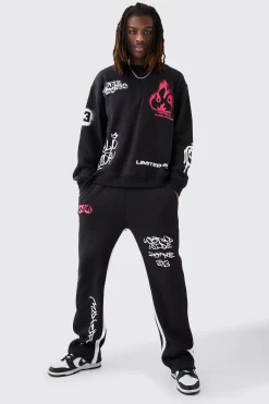 Oversized Graffiti Contrast Gusset Tracksuit | BoohooMAN UK