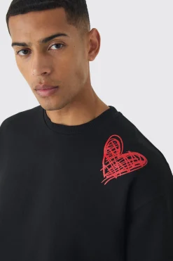 Oversized Graffiti Heart Print Sweatshirt | BoohooMAN UK
