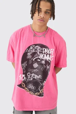 Oversized Graffiti Pour Homme Mask Graphic Wash T-shirt | BoohooMAN UK