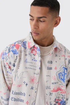Oversized Graffiti Print Overshirt | BoohooMAN UK