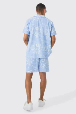 Oversized Graffiti Printed Pleated Shirt & Short | BoohooMAN UK