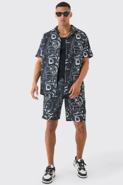 Oversized Graffiti Printed Pleated Shirt & Short Set | BoohooMAN UK