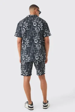 Oversized Graffiti Printed Pleated Shirt & Short Set | BoohooMAN UK