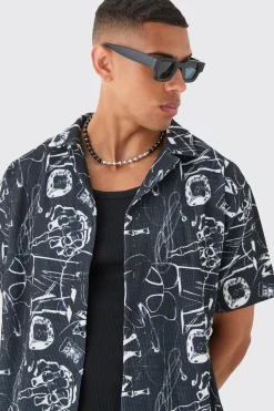 Oversized Graffiti Printed Pleated Shirt & Short Set | BoohooMAN UK