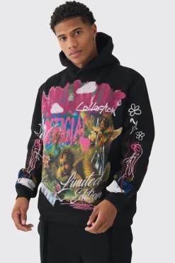 Oversized Graffiti Renaissance Over Seams Graphic Print Hoodie | BoohooMAN UK