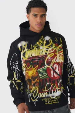 Oversized Graffiti Slogan Over Seams Graphic Print Hoodie | BoohooMAN UK