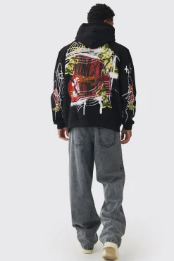 Oversized Graffiti Slogan Over Seams Graphic Print Hoodie | BoohooMAN UK
