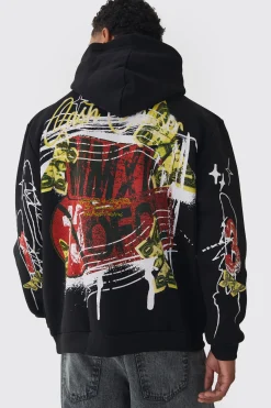 Oversized Graffiti Slogan Over Seams Graphic Print Hoodie | BoohooMAN UK