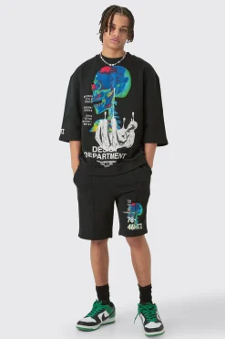 Oversized Graphic Half Sleeve Sweatshirt And Short Set | BoohooMAN UK