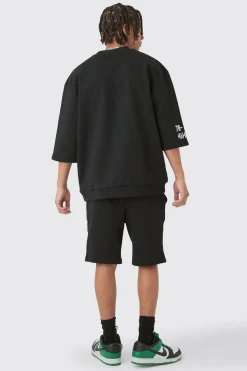 Oversized Graphic Half Sleeve Sweatshirt And Short Set | BoohooMAN UK