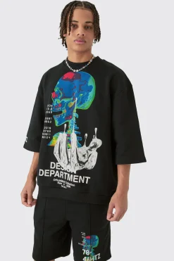 Oversized Graphic Half Sleeve Sweatshirt And Short Set | BoohooMAN UK