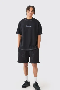 Oversized Graphic Heart Contrast Stitch T-shirt & Short Set | BoohooMAN UK