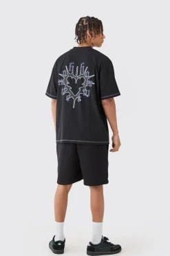 Oversized Graphic Heart Contrast Stitch T-shirt & Short Set | BoohooMAN UK