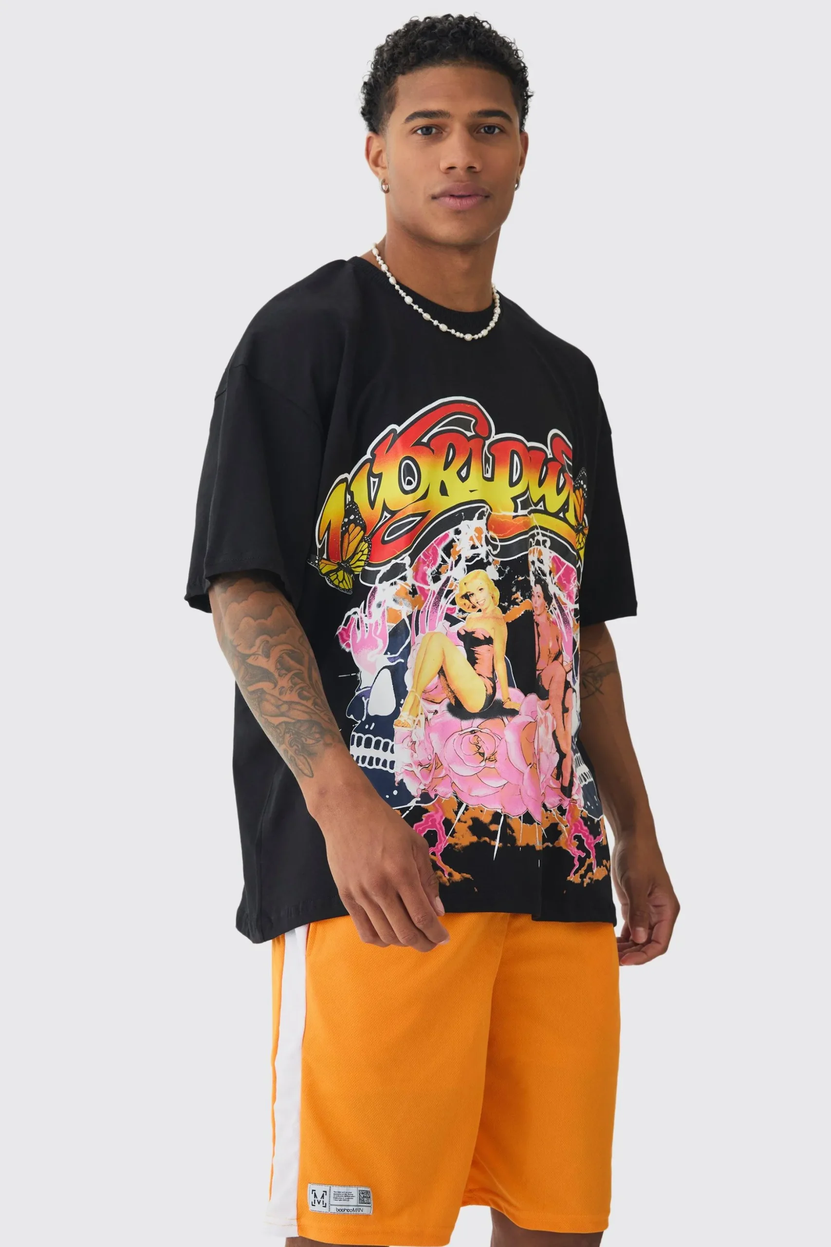 Oversized Graphic T-shirt & Mesh Short Set | BoohooMAN UK