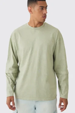 Oversized Half Faux Layer Oil Wash T-shirt | BoohooMAN UK